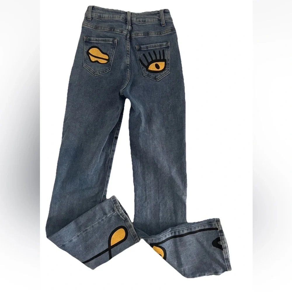 Akira | High Waist Eyes On Me Graphic Jeans Size 25 Blue Denim Straight Leg